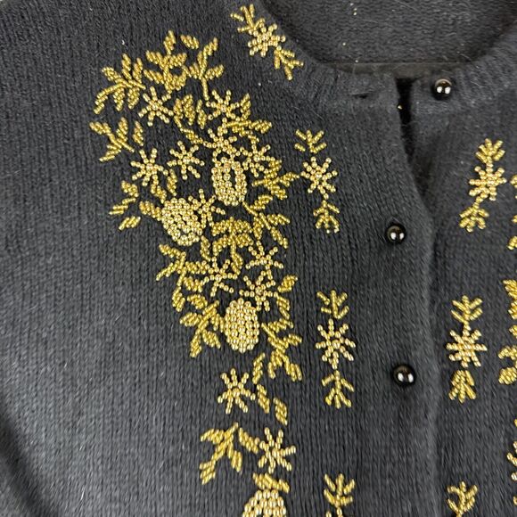 Karen Scott Silk Angora Cardigan Sweater Womens L Black Gold Bead Holiday (1052) - Picture 5 of 11